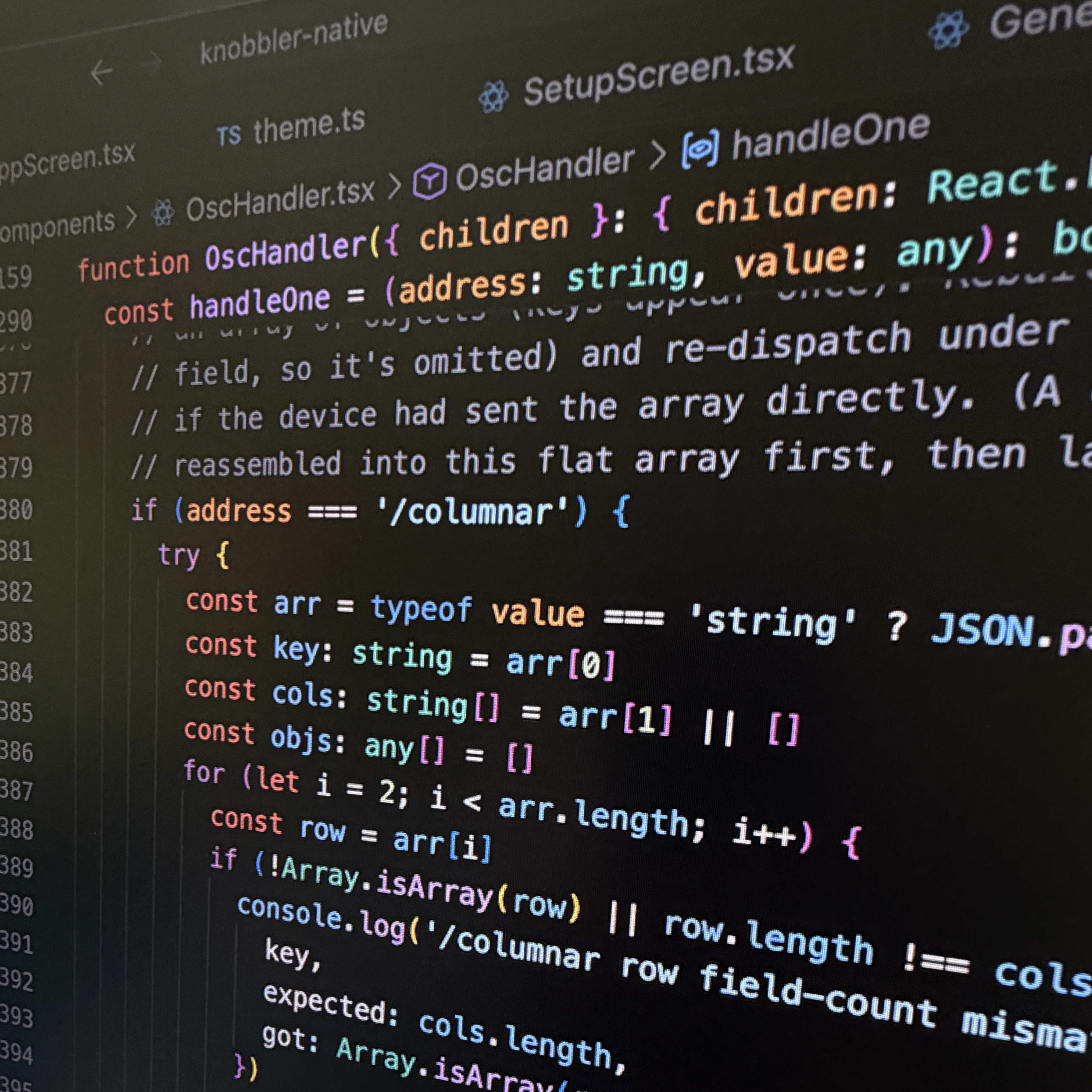 The columnar decoder in the Knobbler app's OscHandler: it parses the flat array, reads the column names, and rebuilds each object row, skipping null fields