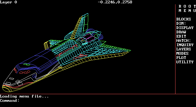 AutoCAD 2.18 (in color!). This Space Shuttle image was a demo that came on the disk, and took a minute or so for my computer to draw.