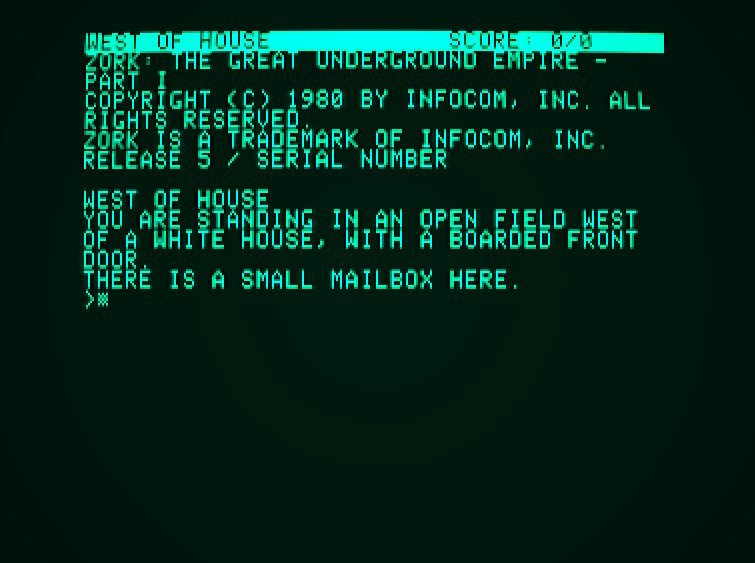 The first screen of Zork on an Apple II.