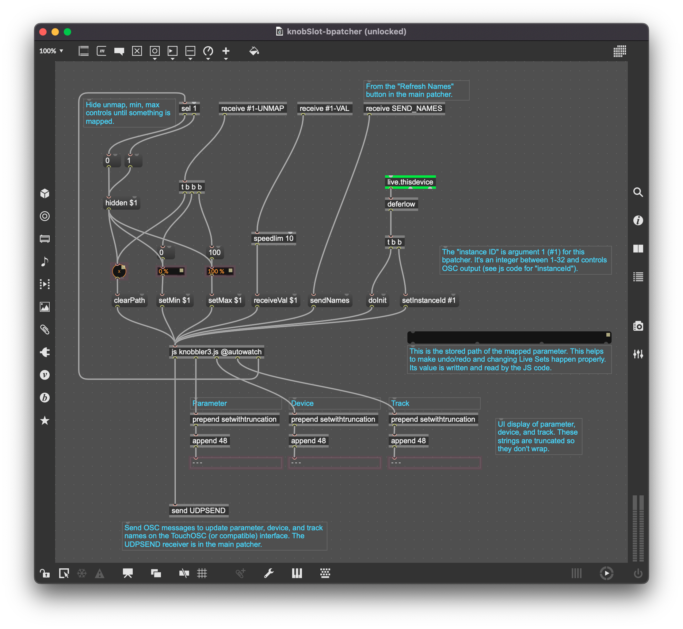 A screenshot of part of the guts of the Max for Live device.